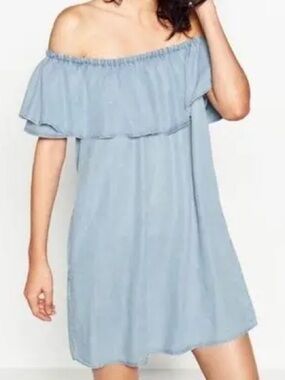 Zara Light Blue Chambray Off-Shoulder Ruffle Mini Dress